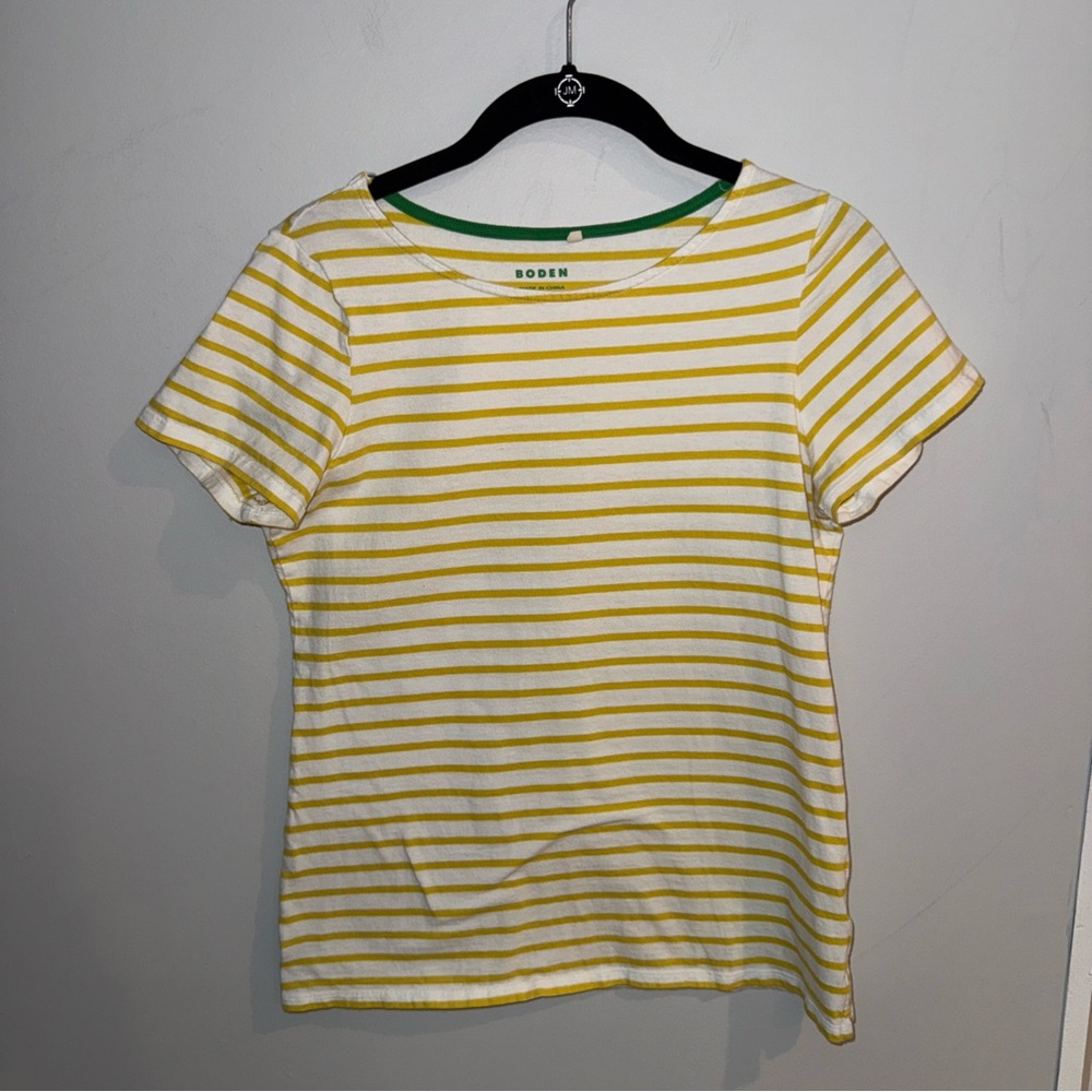 Boden Ella Short‎ Sleeve Breton Stripe T-Shirt Size 6 Yellow White Preppy Cotton